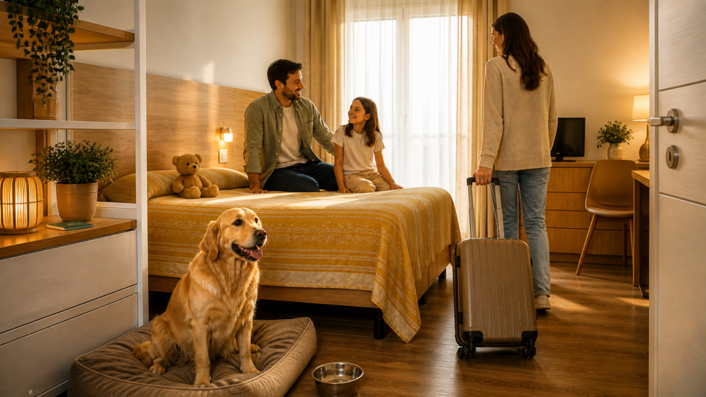 Famiglia con cane si rilassa in una camera d'hotel luminosa.