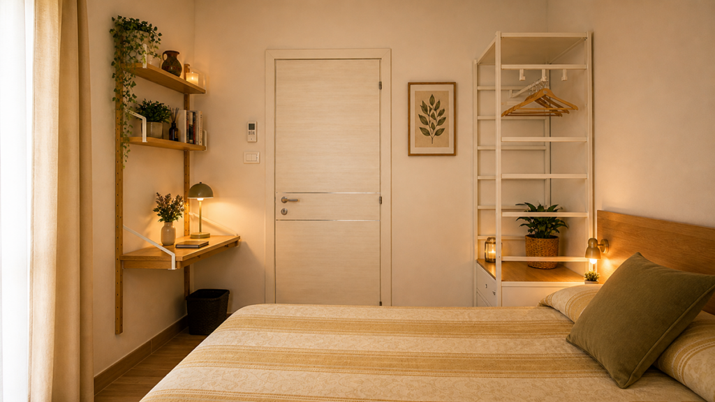 Camera da letto minimalista con letto matrimoniale, scaffale e decorazioni naturali.